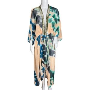 Suki So Goddess Kimono Tan Teal Tie Dye Gold Metallic Greek‎ Key Accent